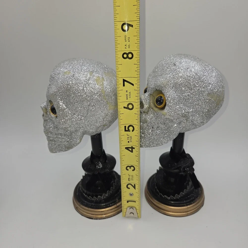 Vintage Lots of 2 Glitter Skull Head Blow Mold w/ stand Prop Halloween Decor